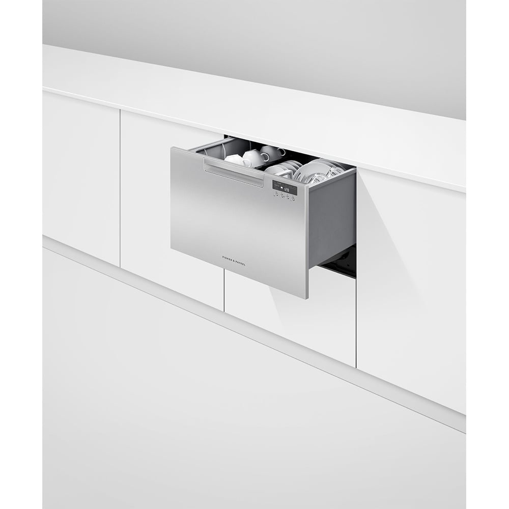 Stainless steel single DishDrawer dishwasher in a modern white kitchen setting