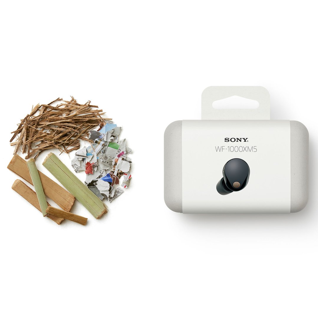 Sony Truly Wireless Earbuds packaging next to wood and shredded paper