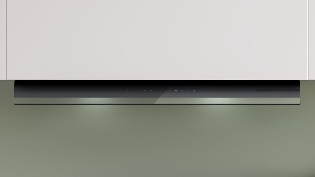 Integrated Bosch rangehood with illuminated controls and lights in a modern kitchen