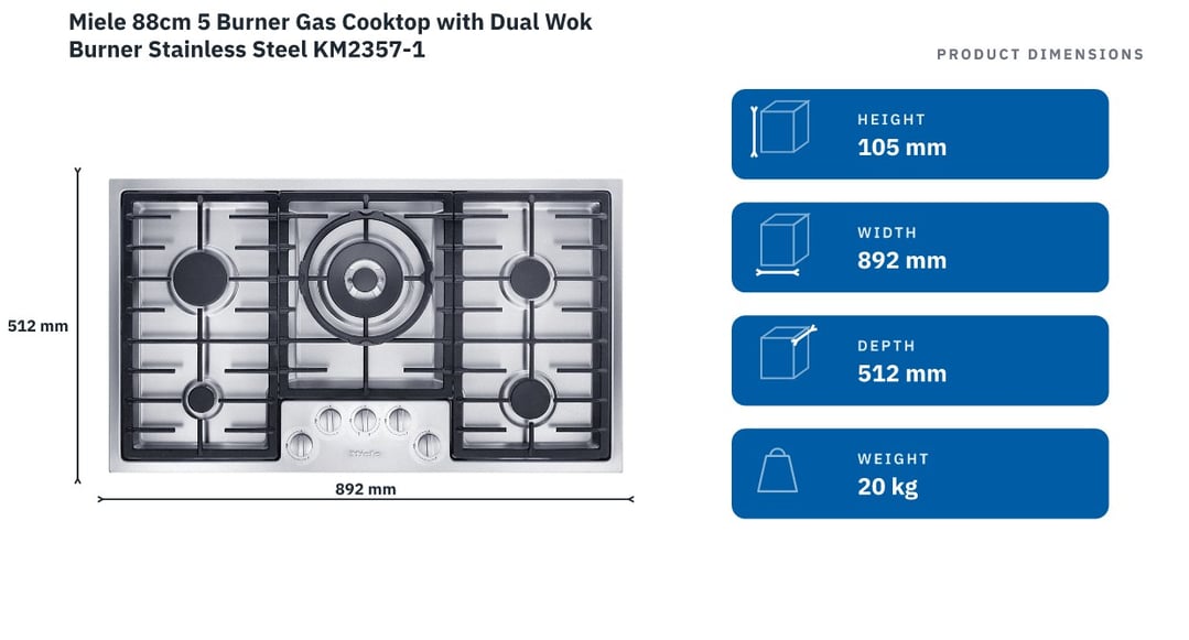 Miele 88cm 5 Burner Gas Cooktop with Dual Wok Burner Stainless Steel KM2357-1 — product dimensions