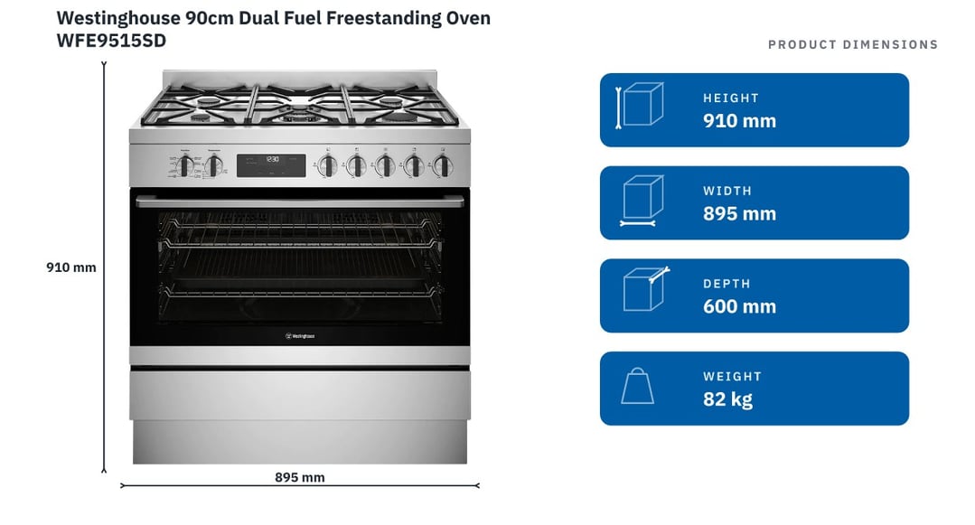 Westinghouse 90cm Dual Fuel Freestanding Oven WFE9515SD — product dimensions
