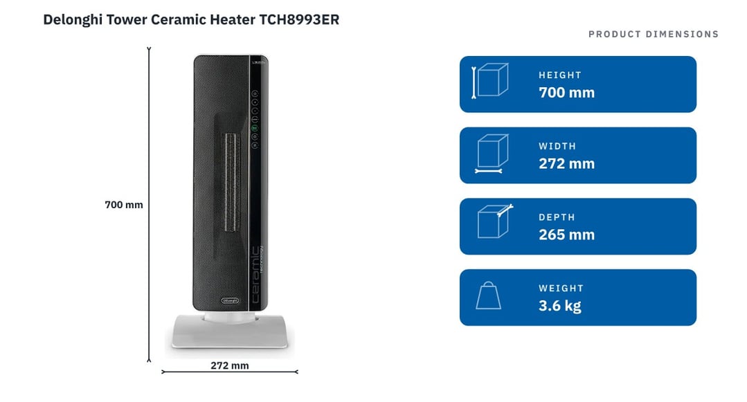 Delonghi Tower Ceramic Heater TCH8993ER — product dimensions