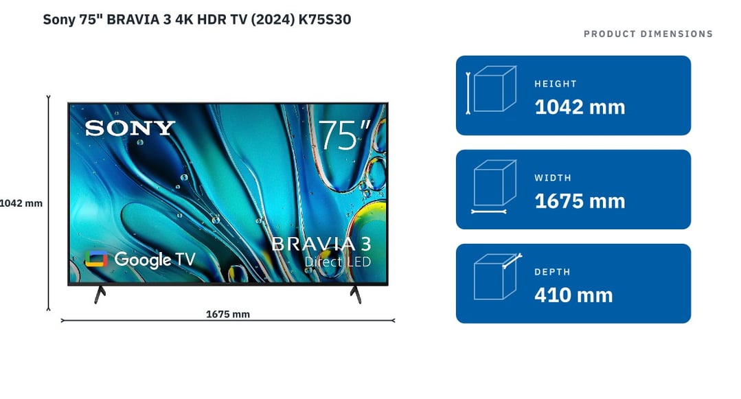 Sony 75" BRAVIA 3 4K HDR TV (2024) K75S30 — product dimensions