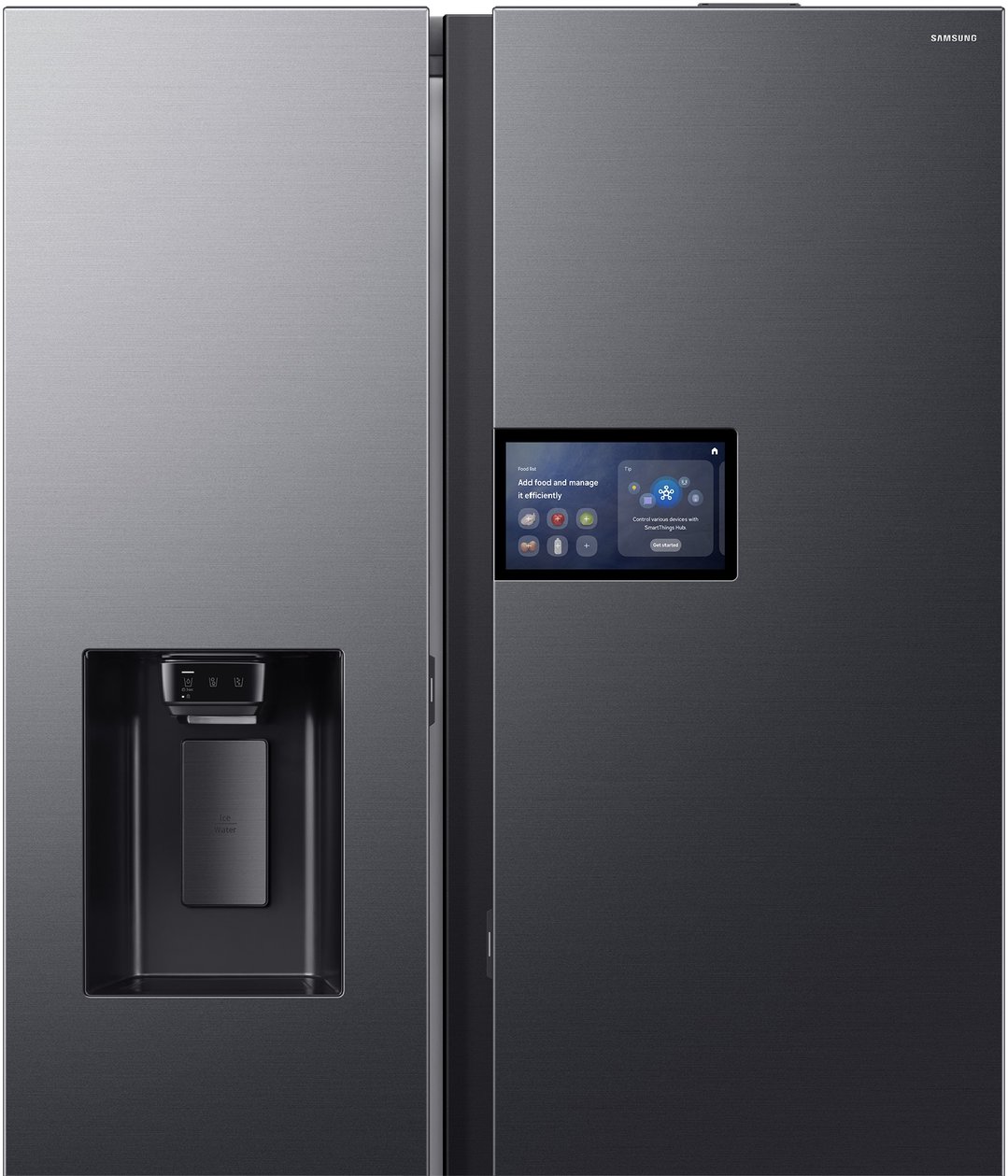 Black Samsung side-by-side refrigerator with a smart screen and water dispenser