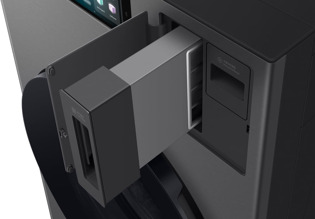 Close up of the detergent and softener dispenser of a washer dryer combo