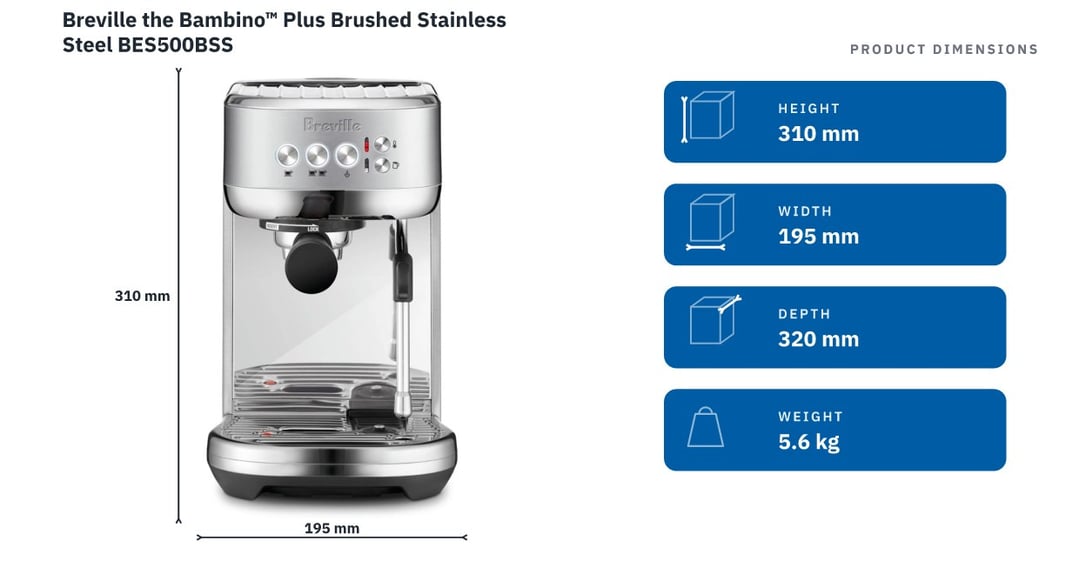 Breville the Bambino™ Plus Brushed Stainless Steel BES500BSS — product dimensions
