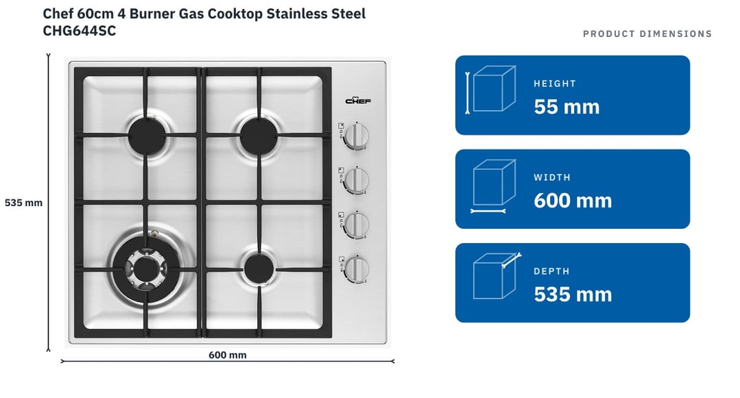 Chef 60cm 4 Burner Gas Cooktop Stainless Steel CHG644SC — product dimensions