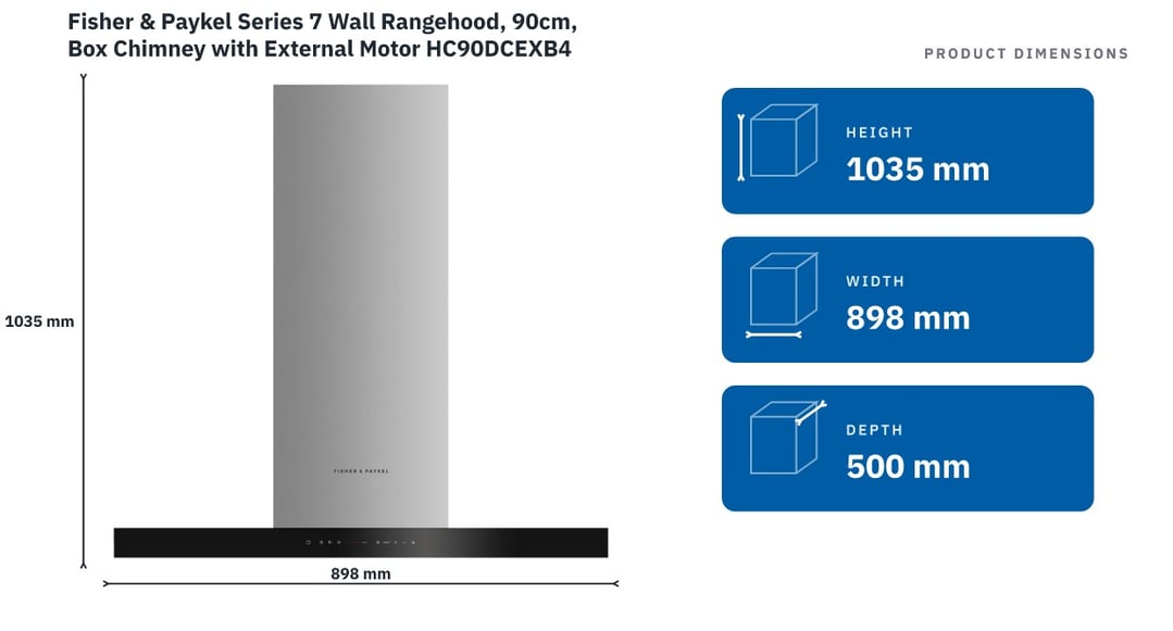Fisher & Paykel Series 7 Wall Rangehood, 90cm, Box Chimney with External Motor HC90DCEXB4 — product dimensions