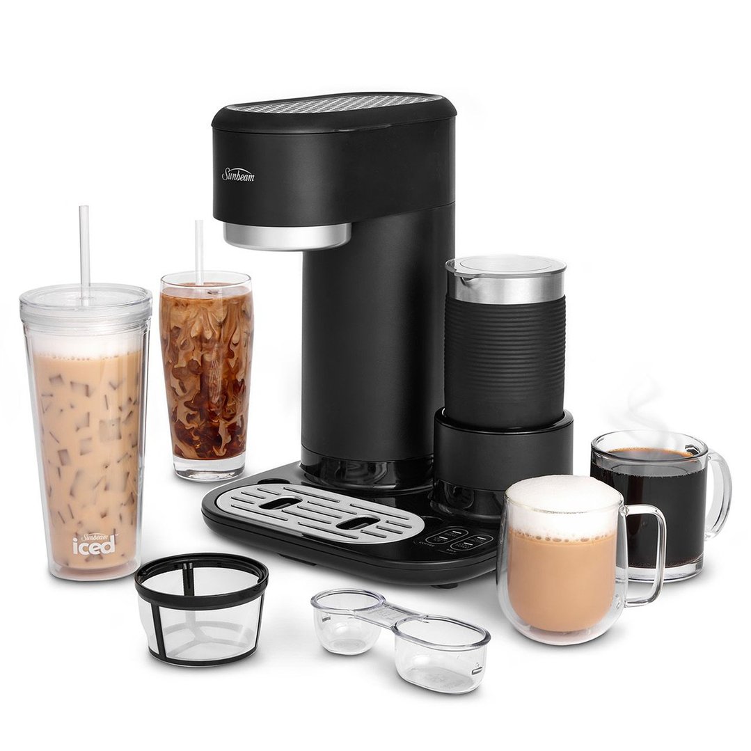 Sunbeam Iced + Hot Coffee Machine with various coffee drinks and accessories on a white background