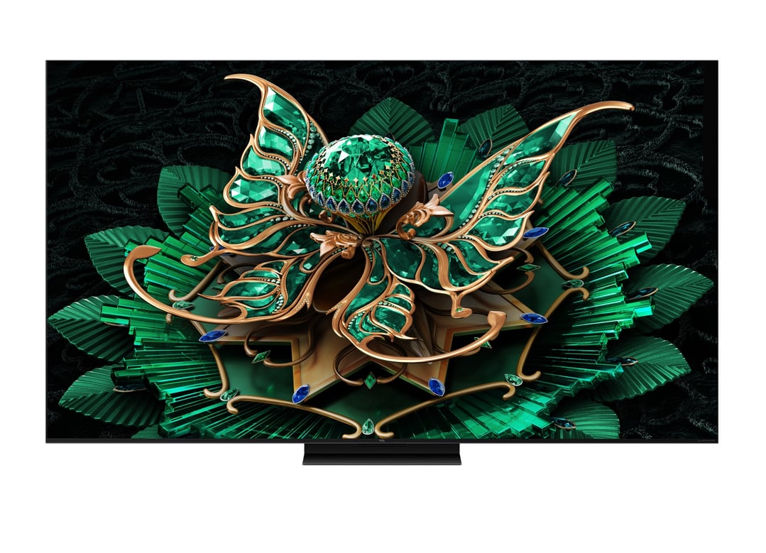 TCL TV displaying a vibrant image of green and gold jeweled butterfly art