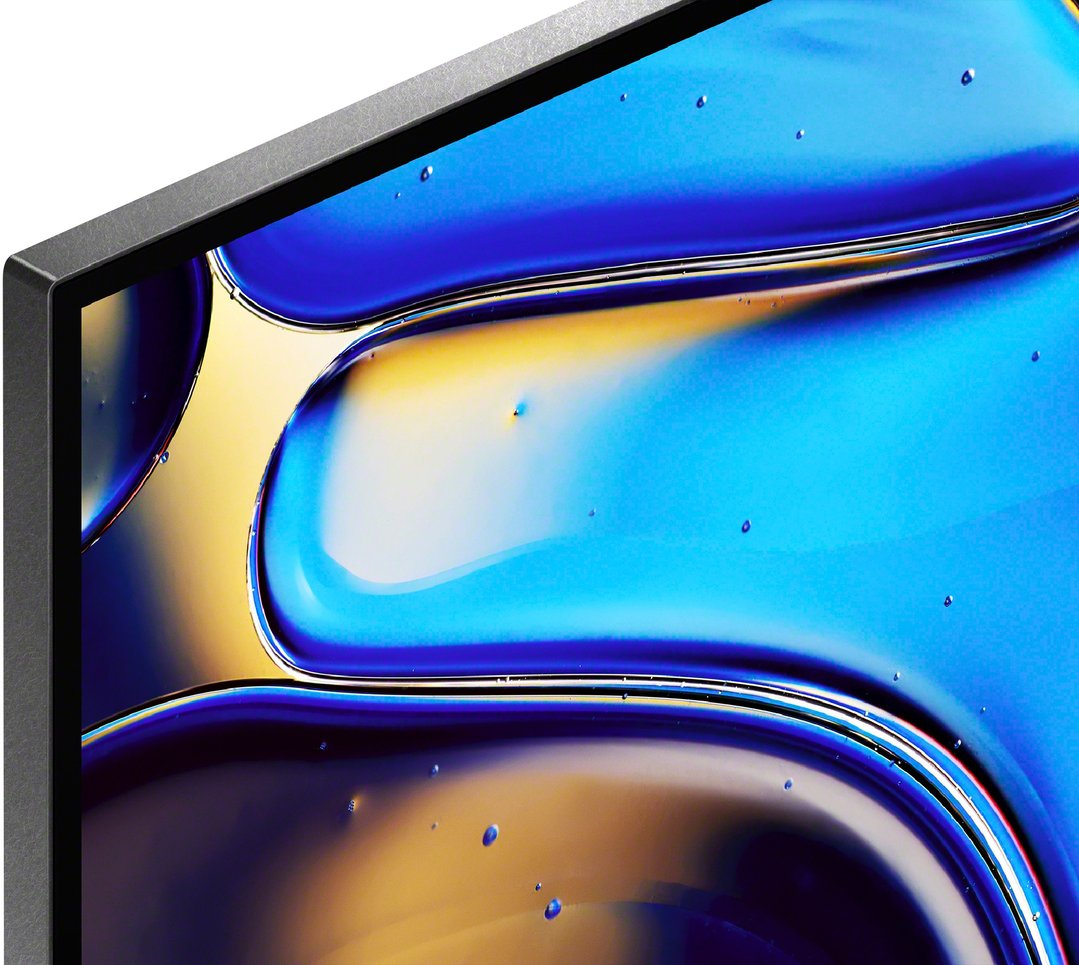 Close-up of a Sony BRAVIA 8 4K HDR OLED TV screen displaying abstract blue and yellow liquid