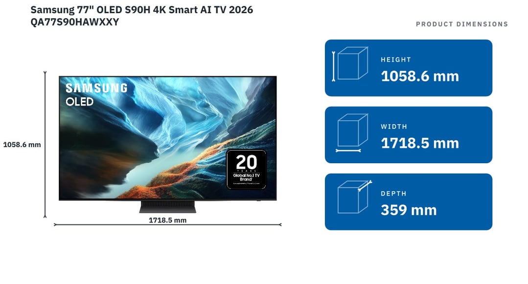 Samsung 77" OLED S90H 4K Smart AI TV 2026 QA77S90HAWXXY — product dimensions