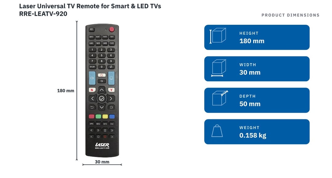 Laser Universal TV Remote for Smart & LED TVs RRE-LEATV-920 — product dimensions