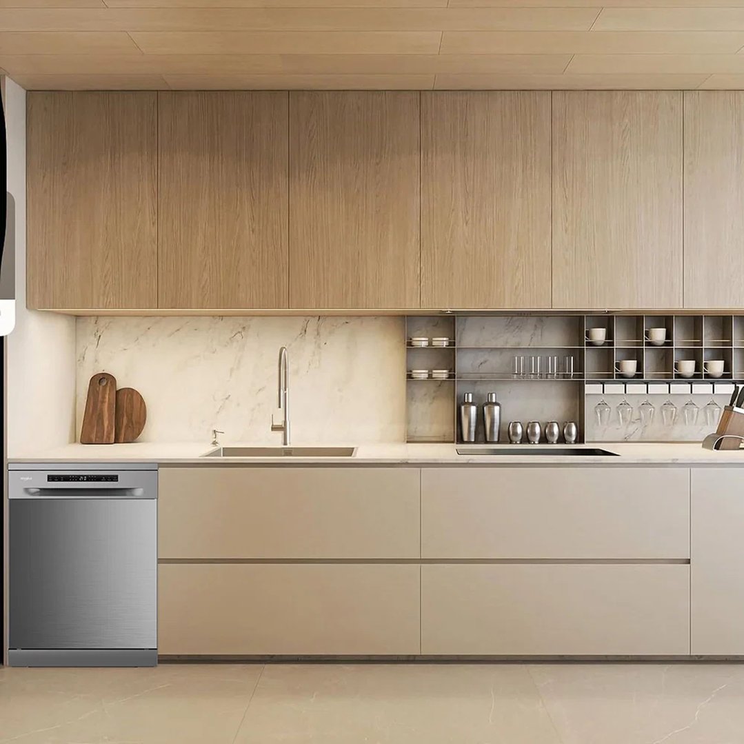 Stainless steel dishwasher integrated into a modern kitchen with wooden cabinets