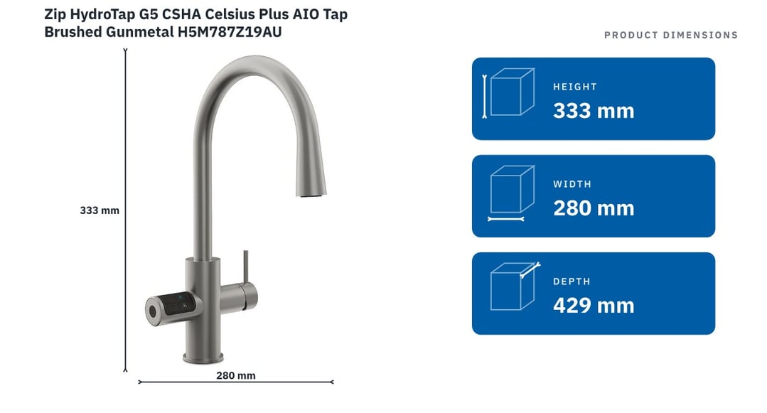 Zip HydroTap G5 CSHA Celsius Plus AIO Tap Brushed Gunmetal H5M787Z19AU — product dimensions