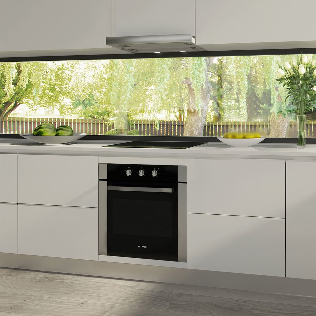 OMEGA 60cm slide-out rangehood in a modern kitchen with a large window