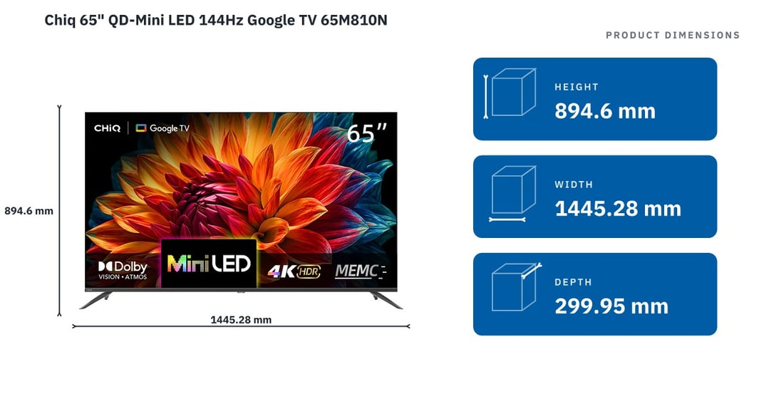 Chiq 65" QD-Mini LED 144Hz Google TV 65M810N — product dimensions