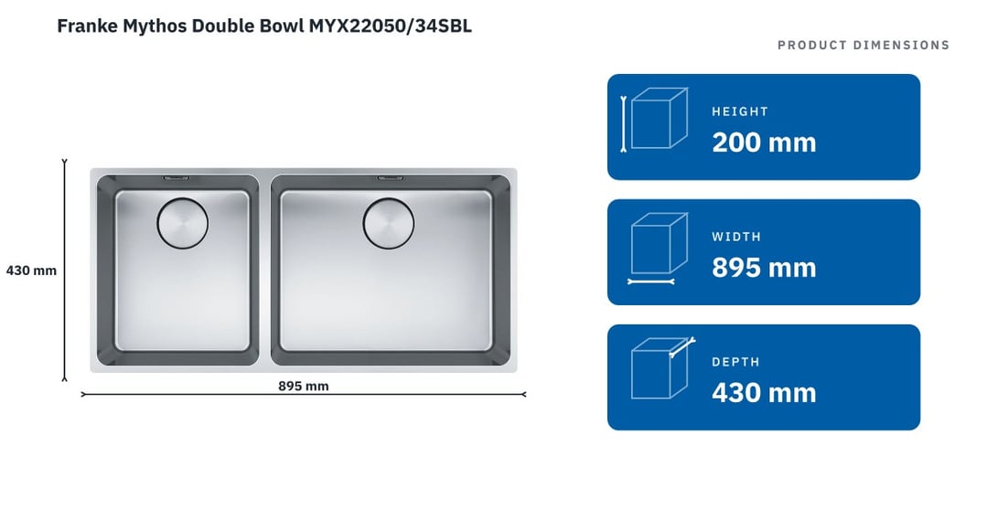 Franke Mythos Double Bowl MYX22050/34SBL — product dimensions