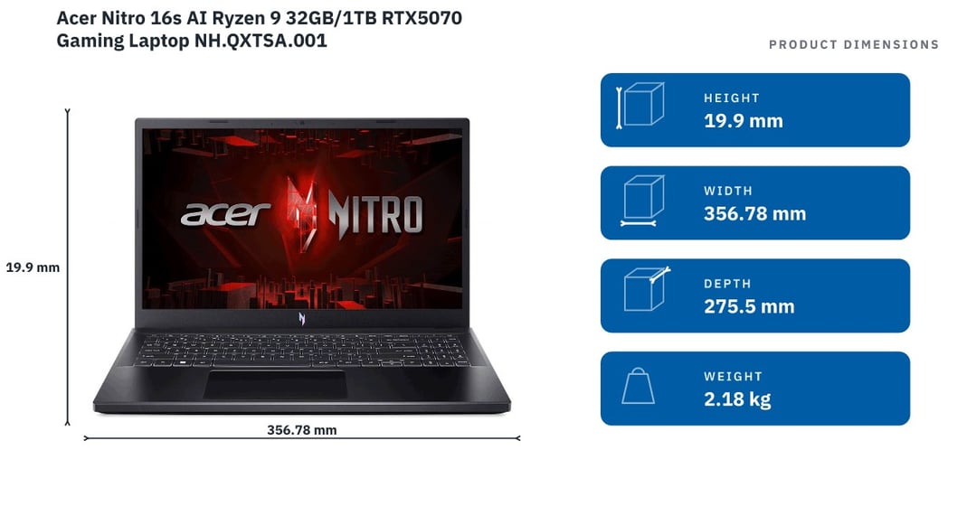 Acer Nitro 16s AI Ryzen 9 32GB/1TB RTX5070 Gaming Laptop NH.QXTSA.001 — product dimensions