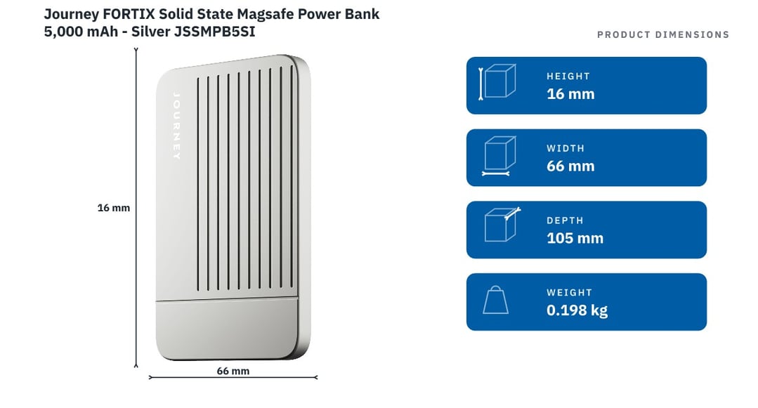 Journey FORTIX Solid State Magsafe Power Bank 5,000 mAh - Silver JSSMPB5SI — product dimensions