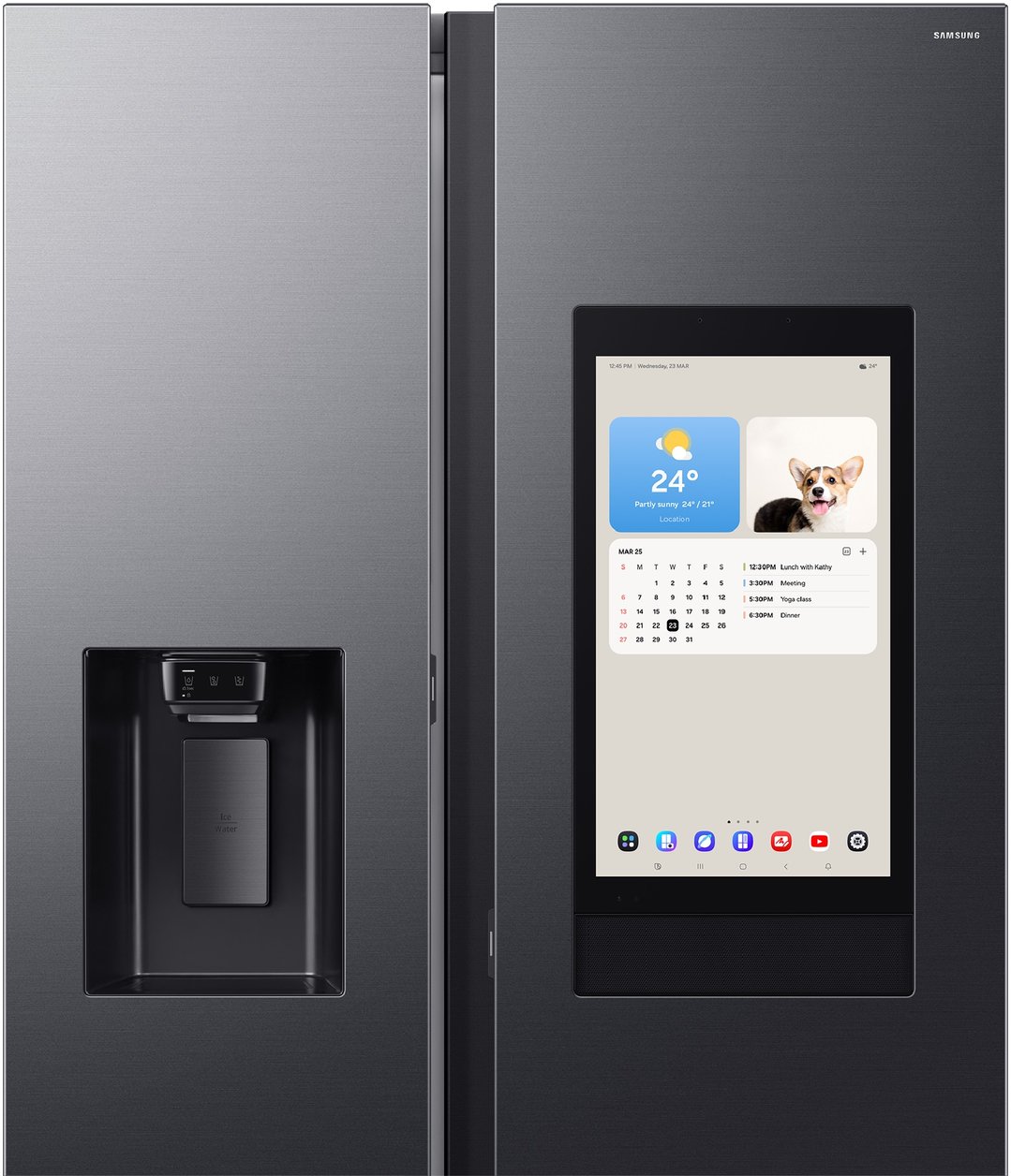 A black Samsung side-by-side refrigerator with a digital display showing weather and calendar