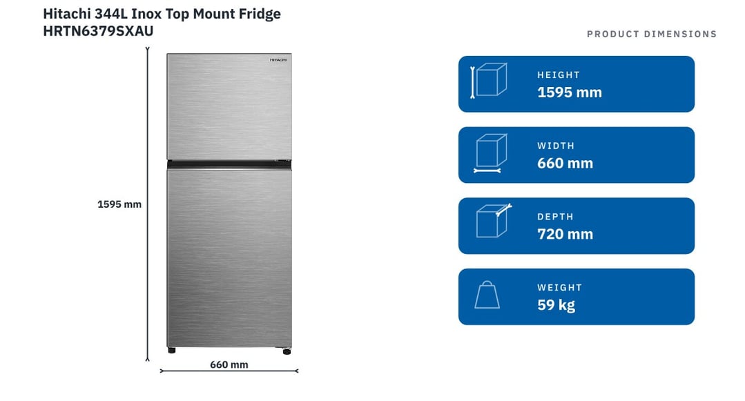 Hitachi 344L Inox Top Mount Fridge HRTN6379SXAU
