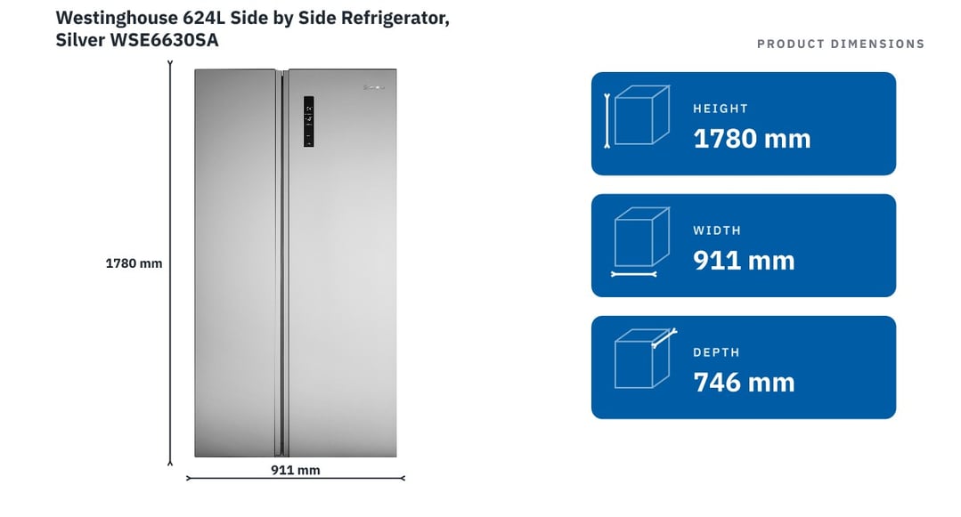 Westinghouse 624L Side by Side Refrigerator, Silver WSE6630SA — product dimensions