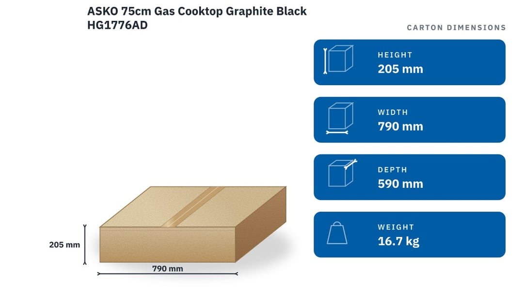 ASKO 75cm Gas Cooktop Graphite Black HG1776AD — packaged dimensions