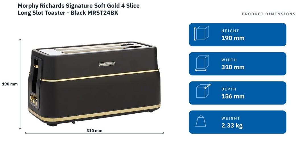 Morphy Richards Signature Soft Gold 4 Slice Long Slot Toaster - Black MRST24BK — product dimensions