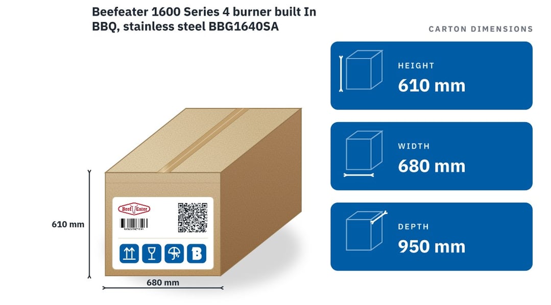 Beefeater 1600 Series 4 burner built In BBQ, stainless steel BBG1640SA — packaged dimensions