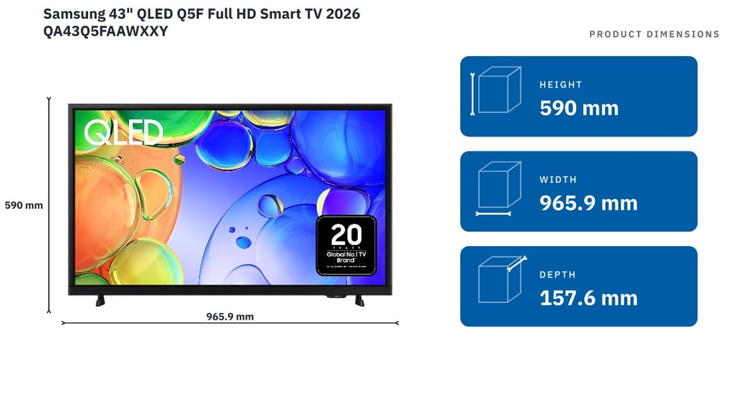 Samsung 43" QLED Q5F Full HD Smart TV 2026 QA43Q5FAAWXXY — product dimensions