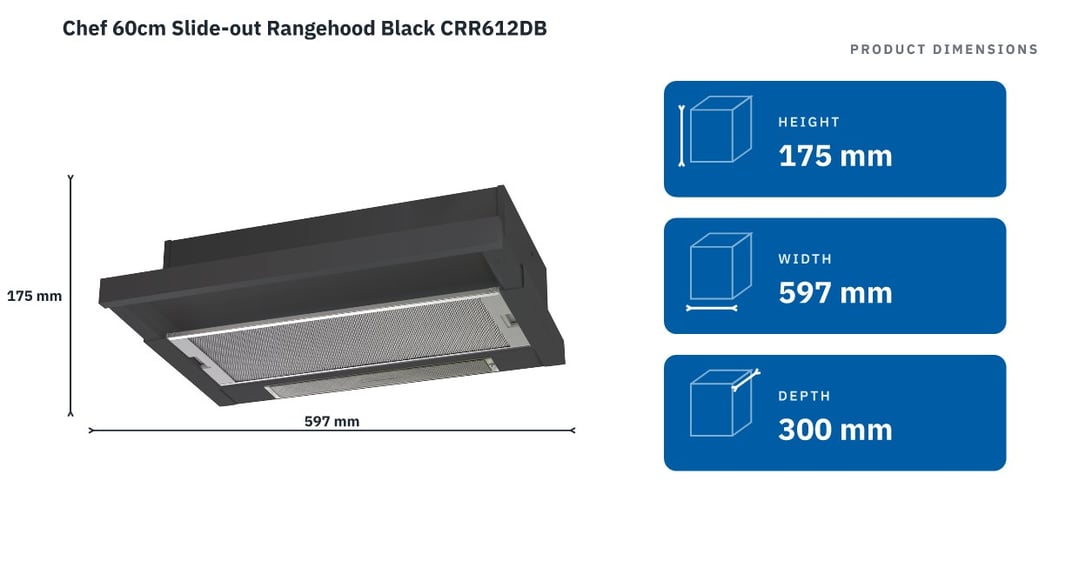 Chef 60cm Slide-out Rangehood Black CRR612DB — product dimensions