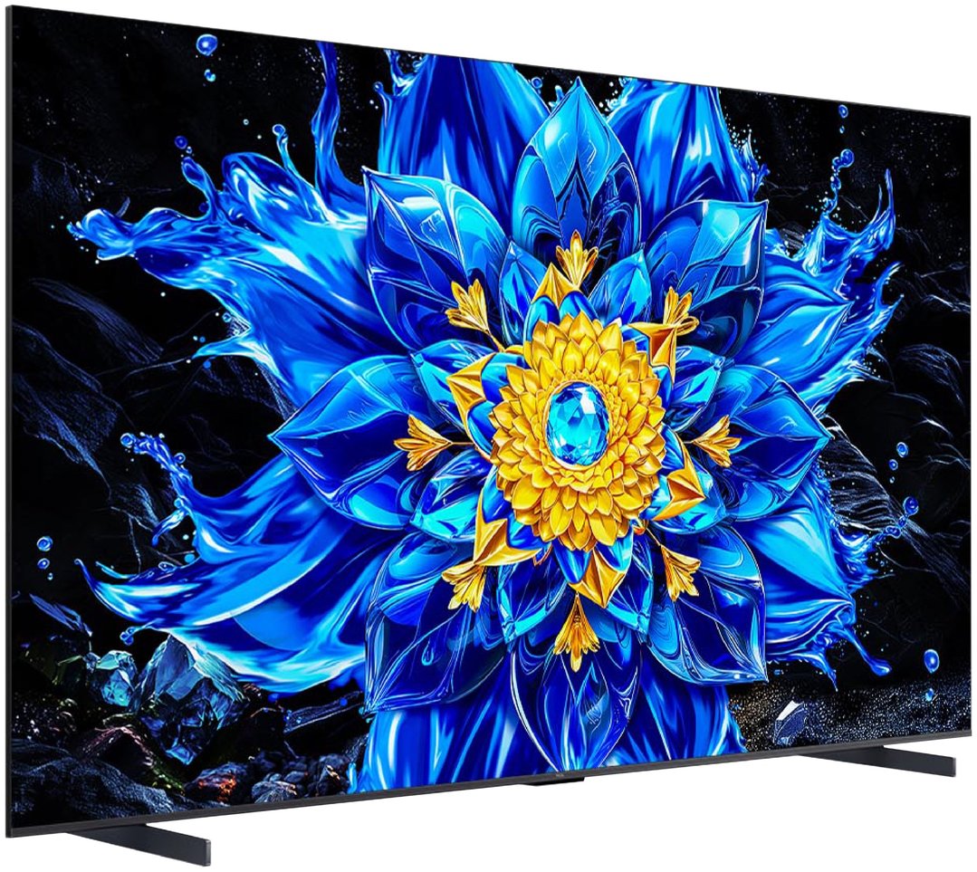 A TCL tv displaying a vibrant blue and gold floral design with water splashes