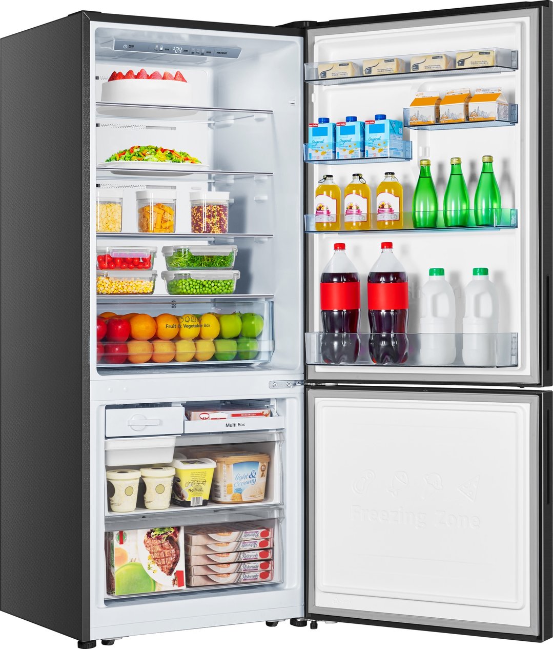 Open bottom mount refrigerator with food items on shelves and in drawers