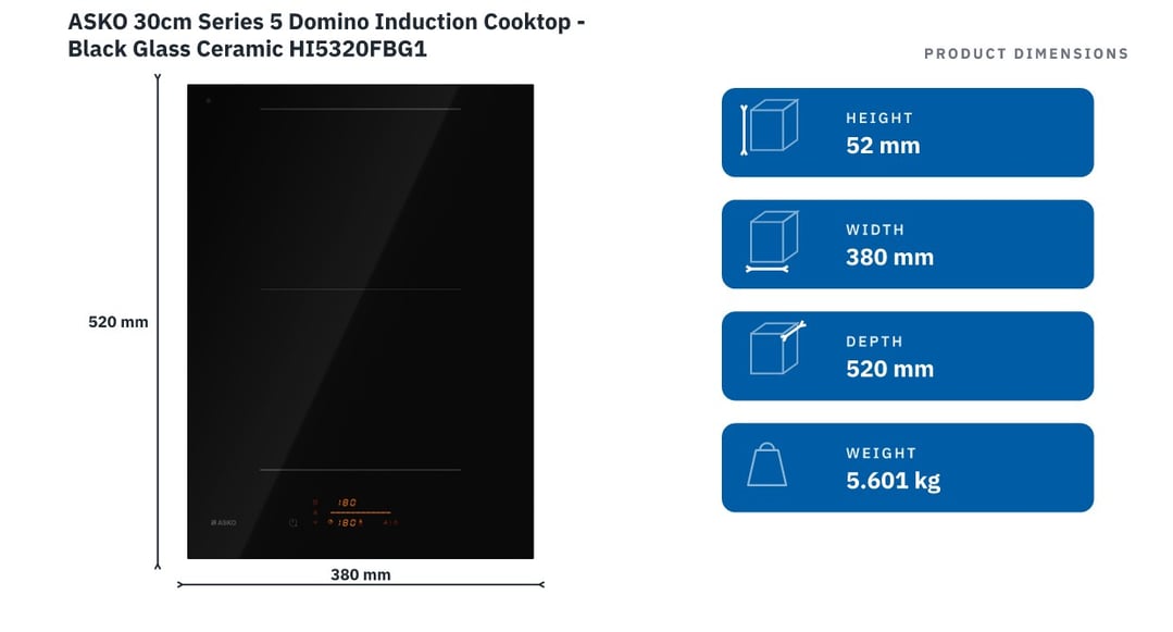 ASKO 30cm Series 5 Domino Induction Cooktop - Black Glass Ceramic HI5320FBG1