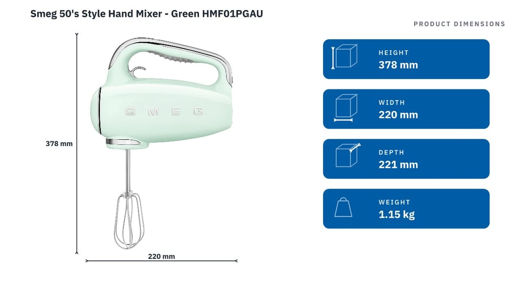 Smeg 50's Style Hand Mixer - Green HMF01PGAU — product dimensions