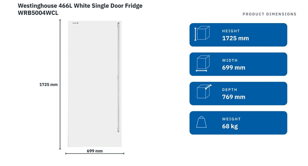 Westinghouse 466L White Single Door Fridge WRB5004WCL — product dimensions