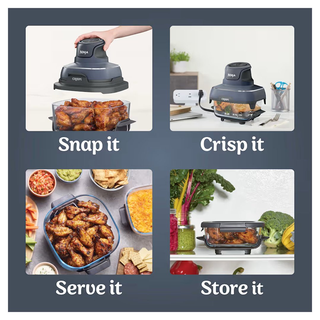 Four panels showing a Ninja Crispi air fryer being used, served, and stored