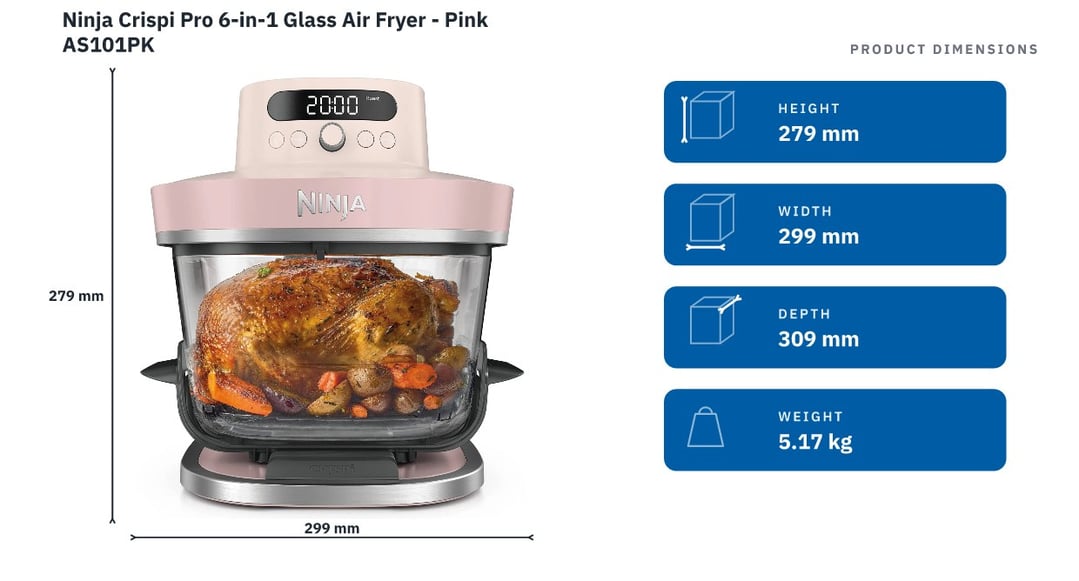 Ninja Crispi Pro 6-in-1 Glass Air Fryer - Pink AS101PK — product dimensions