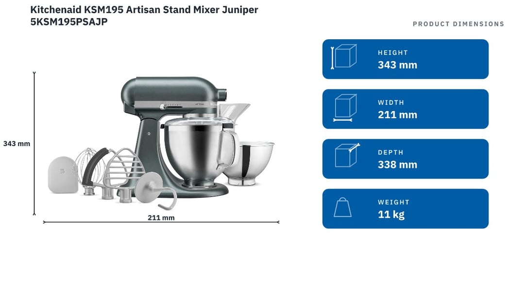 Kitchenaid KSM195 Artisan Stand Mixer Juniper 5KSM195PSAJP — product dimensions