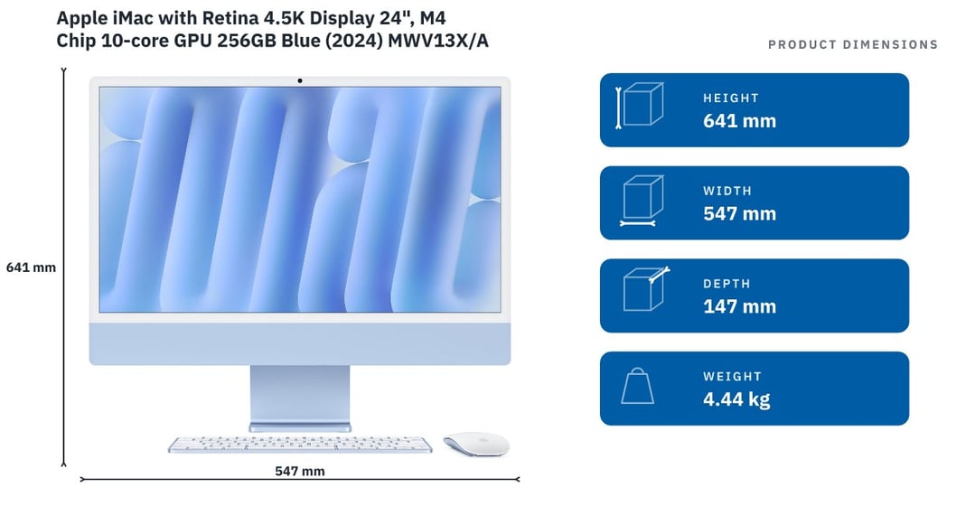 Apple iMac with Retina 4.5K Display 24", M4 Chip 10-core GPU 256GB Blue (2024) MWV13X/A — product dimensions