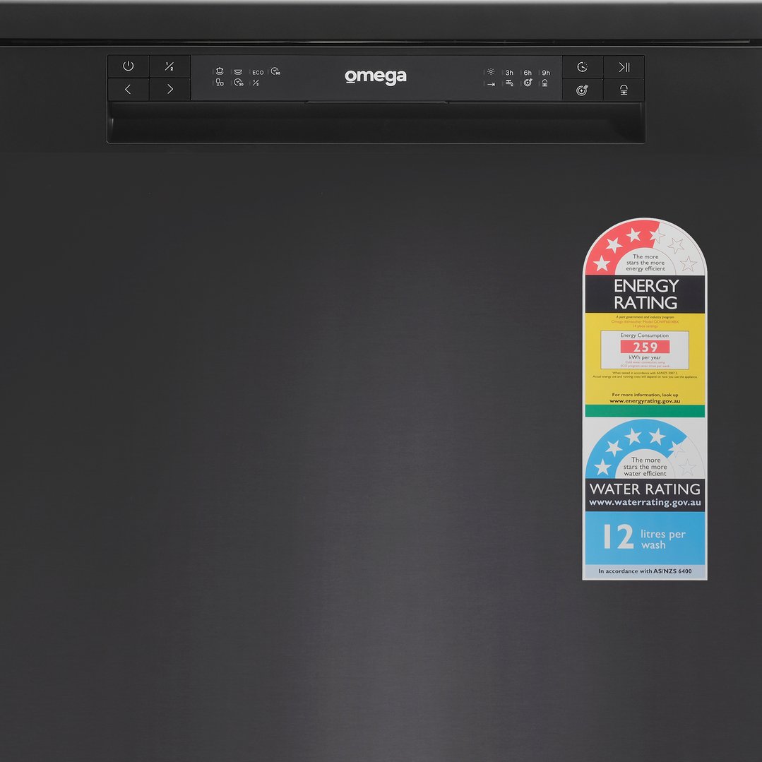 Omega 60cm Freestanding Dishwasher Black Stainless Steel. ODWF6014BX