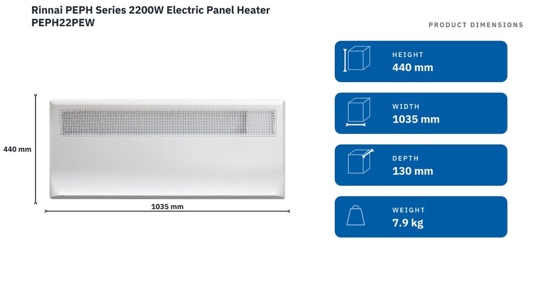 Rinnai PEPH Series 2200W Electric Panel Heater PEPH22PEW — product dimensions