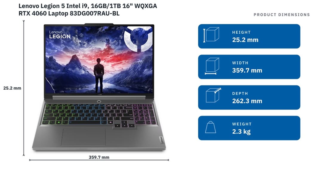 Lenovo Legion 5 Intel i9, 16GB/1TB 16" WQXGA RTX 4060 Laptop 83DG007RAU-BL — product dimensions