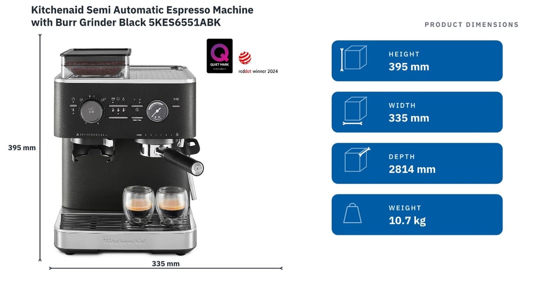 Kitchenaid Semi Automatic Espresso Machine with Burr Grinder Black 5KES6551ABK