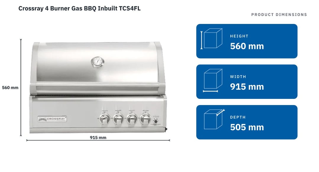 Crossray 4 Burner Gas BBQ Inbuilt TCS4FL — product dimensions