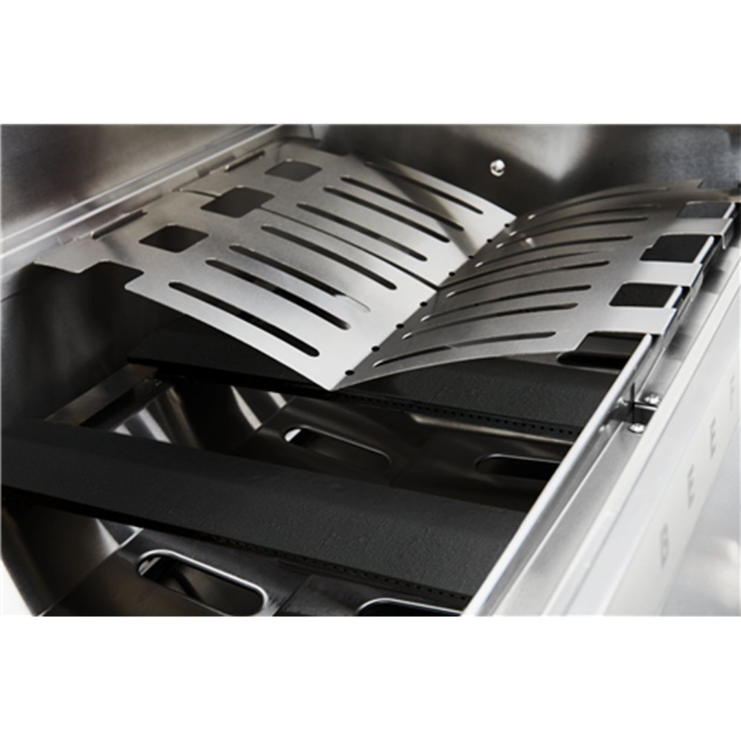 Close-up of the interior of a Beefeater barbeque with stainless steel components