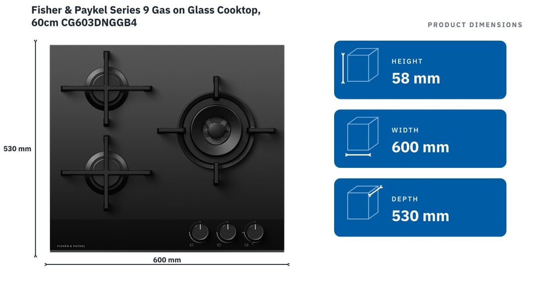 Fisher & Paykel Series 9 Gas on Glass Cooktop, 60cm CG603DNGGB4 — product dimensions