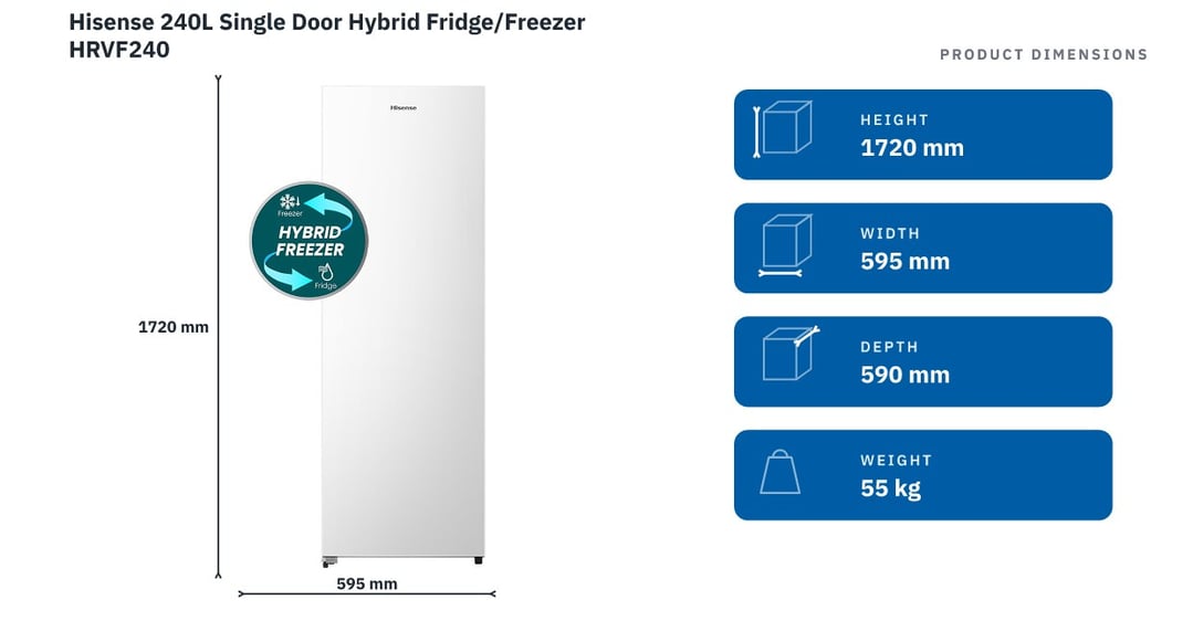 Hisense 240L Single Door Hybrid Fridge/Freezer HRVF240 — product dimensions