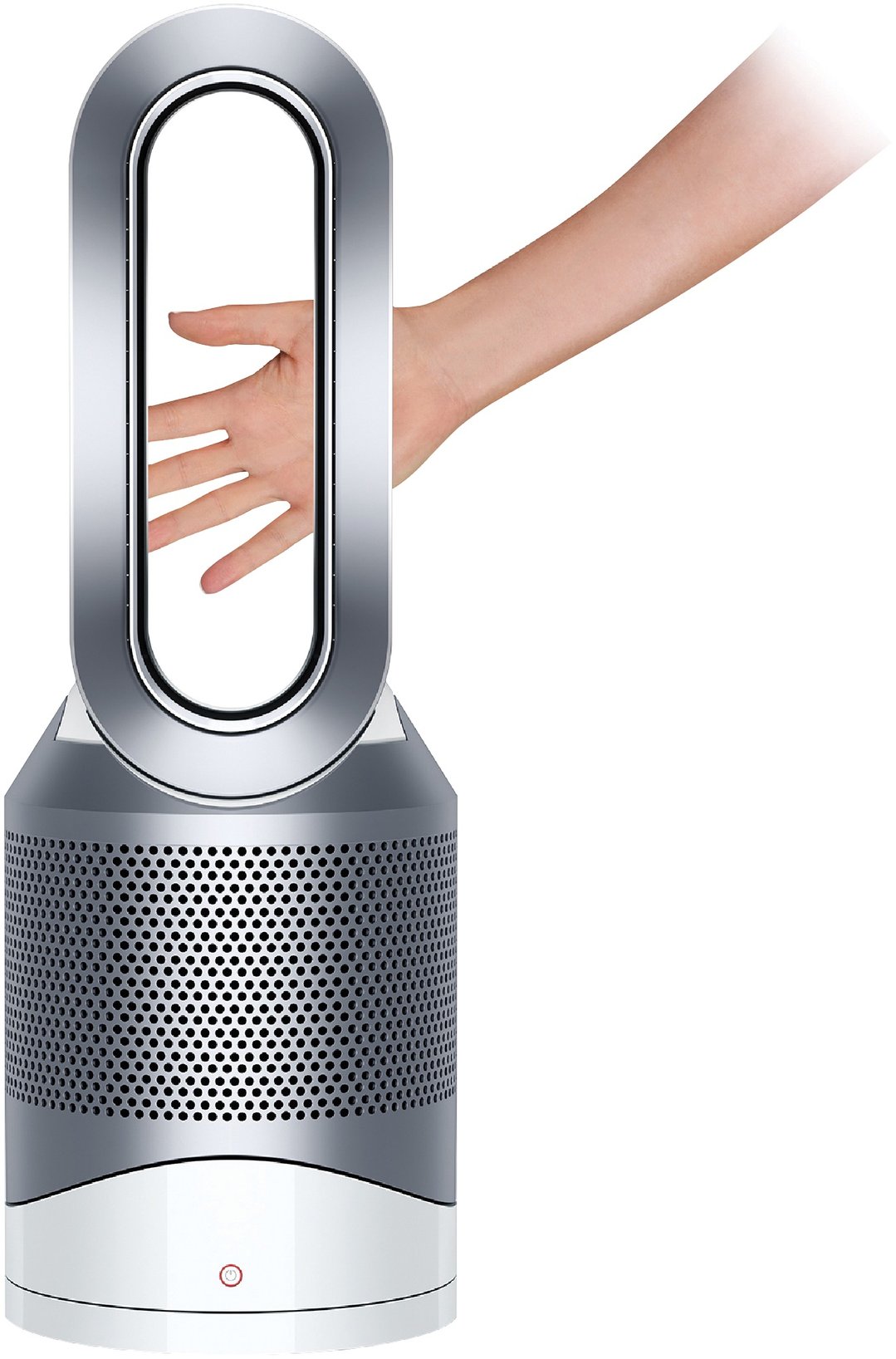 A hand reaching through the Dyson Pure Hot+Cool purifying heater + fan